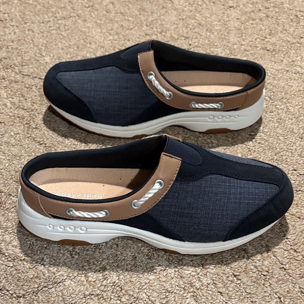 Easy Street Navy Blue Faux Suede/Jean and Tan Women's Loafers - Picture 5 of 7